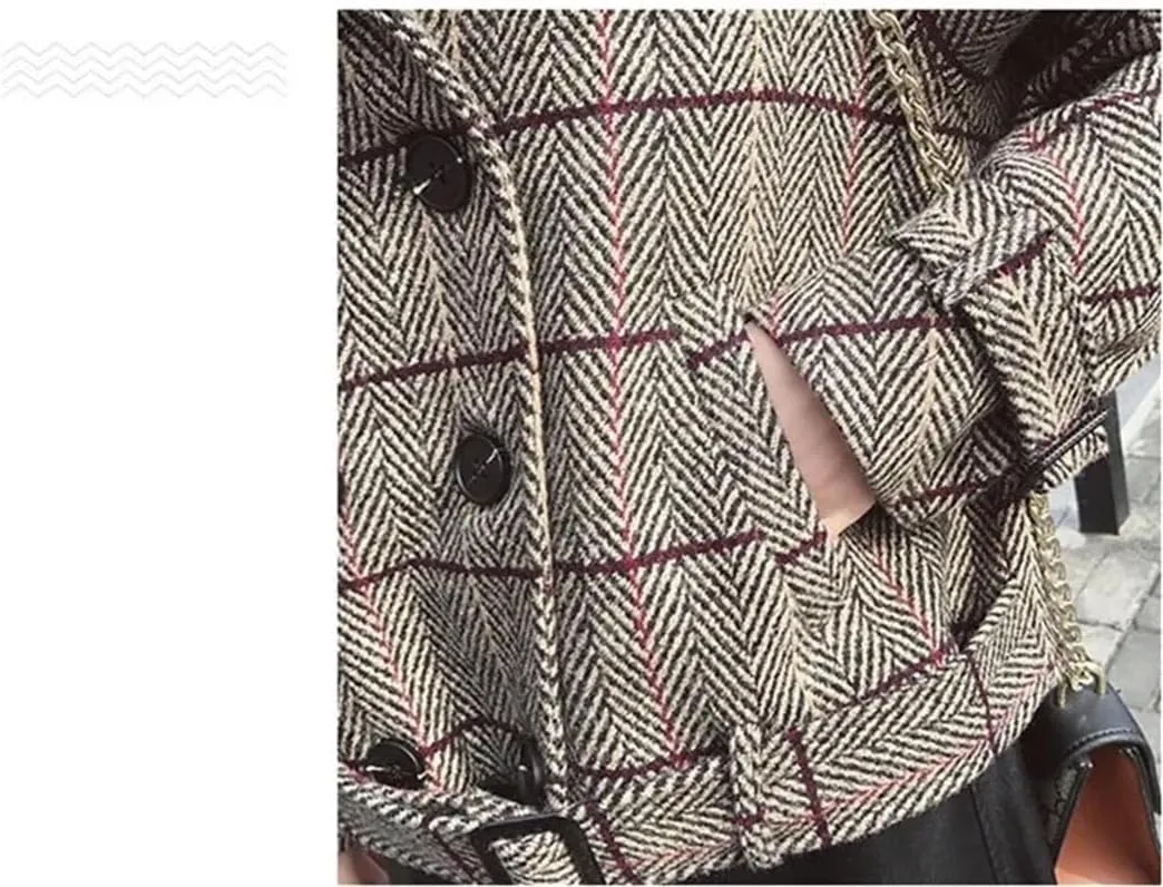 Vsadsau Women's Woolen Jacket Double Breasted Plaid Wool Blend Lapel Long Sleeve Jacket