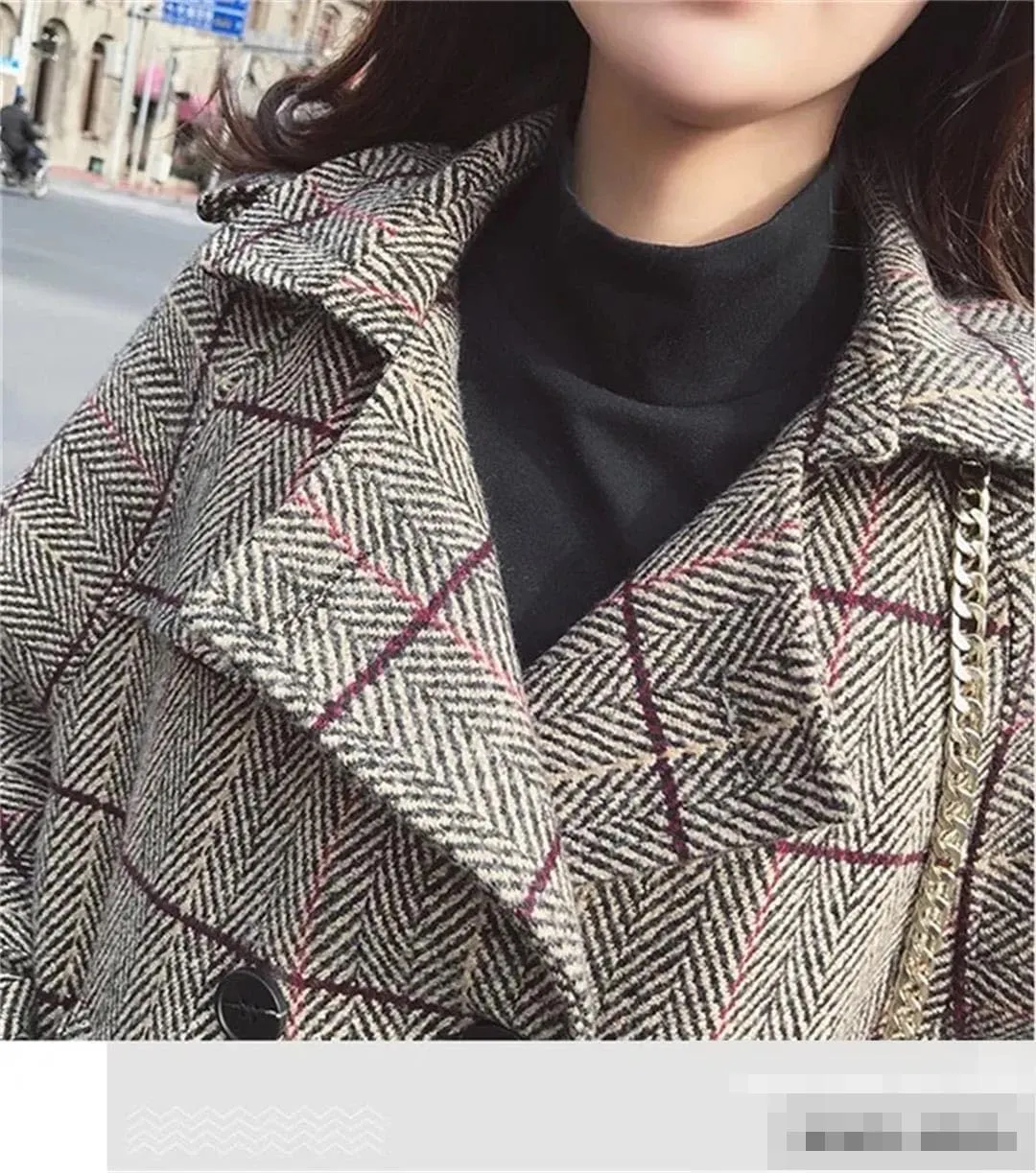 Vsadsau Women's Woolen Jacket Double Breasted Plaid Wool Blend Lapel Long Sleeve Jacket