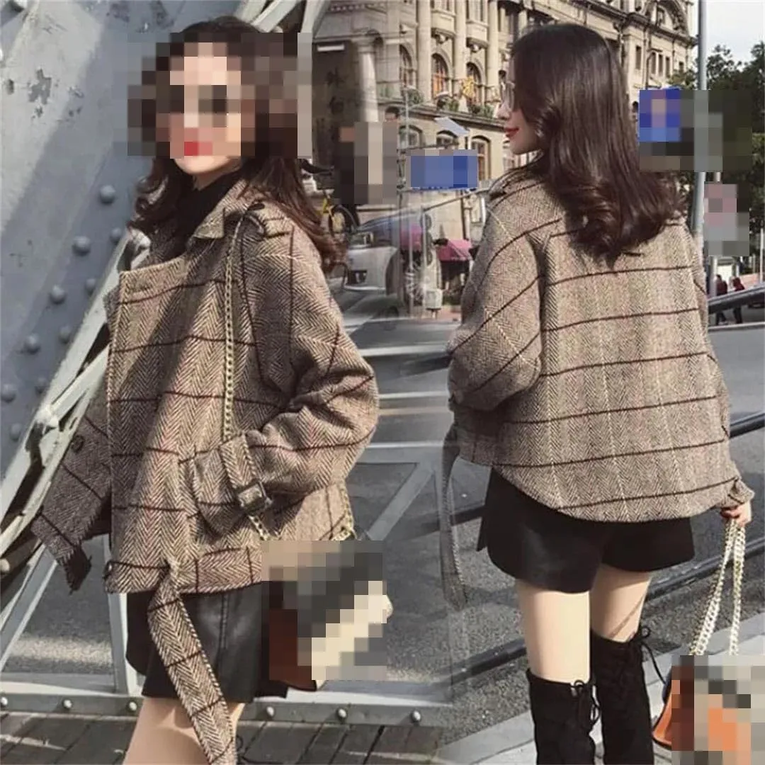 Vsadsau Women's Woolen Jacket Double Breasted Plaid Wool Blend Lapel Long Sleeve Jacket