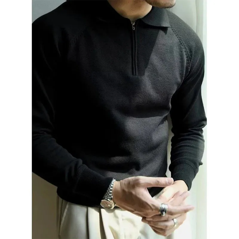 Wiaofellas  -  Autumn Clothing Men's Clothing Luxury Knitted Polo Shirt Casual Fashion Zippers Solid Color Long Sleeve Pullovers Leisure Shirts