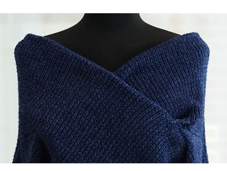 Winter Women Pullover V-neck Sexy Off Shoulder Sweater Knitted Jumpers