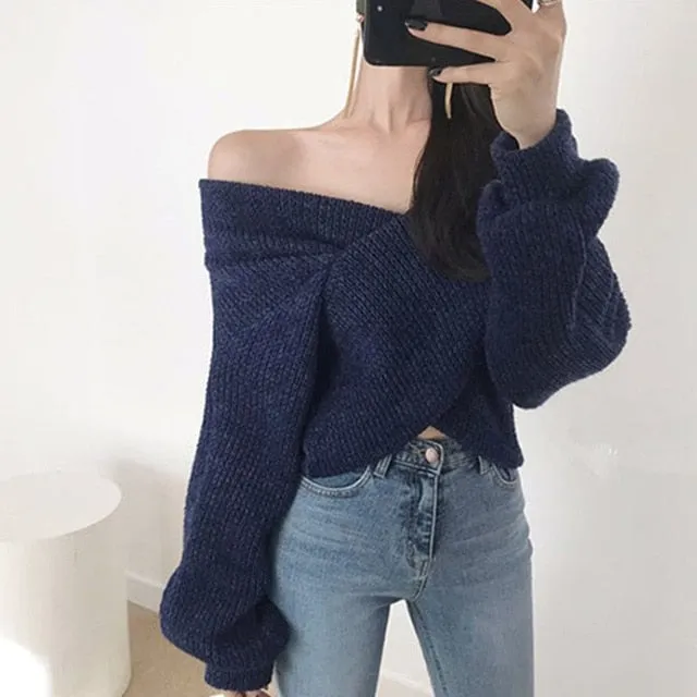 Winter Women Pullover V-neck Sexy Off Shoulder Sweater Knitted Jumpers