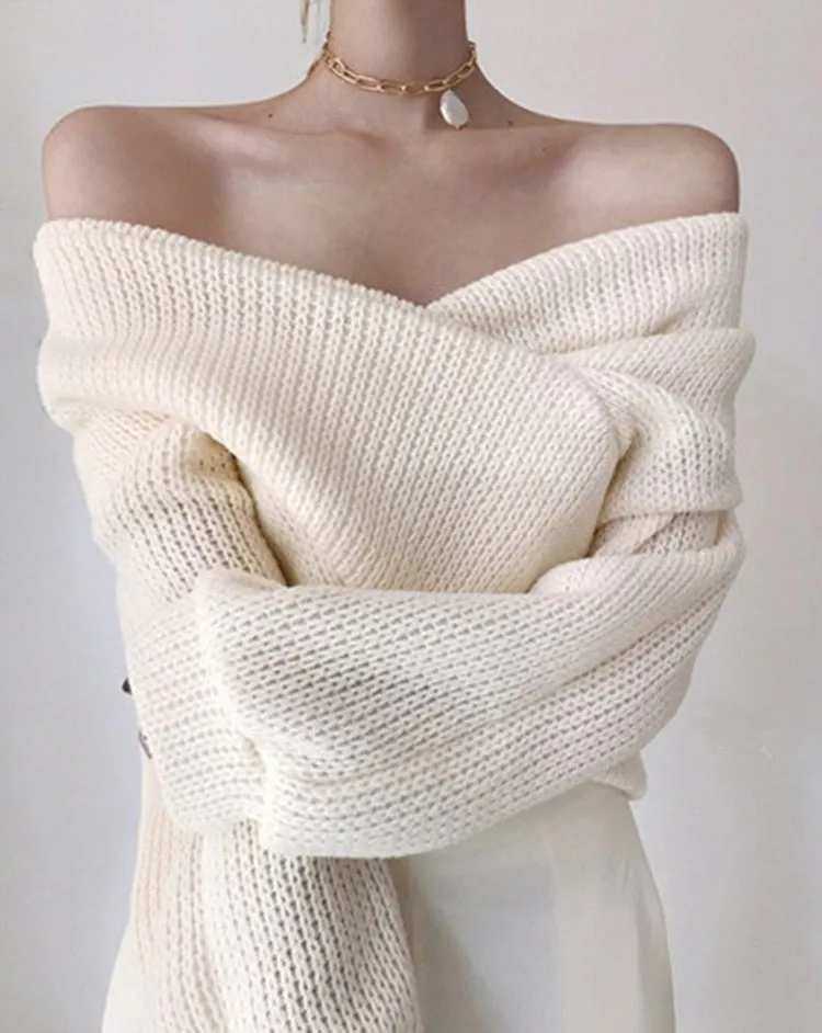 Winter Women Pullover V-neck Sexy Off Shoulder Sweater Knitted Jumpers