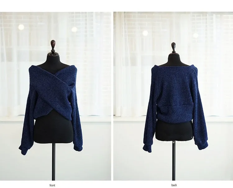 Winter Women Pullover V-neck Sexy Off Shoulder Sweater Knitted Jumpers