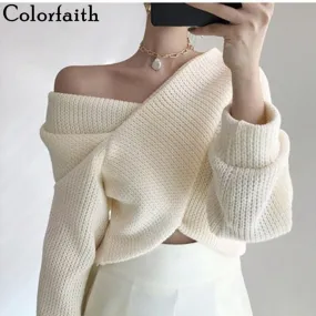 Winter Women Pullover V-neck Sexy Off Shoulder Sweater Knitted Jumpers