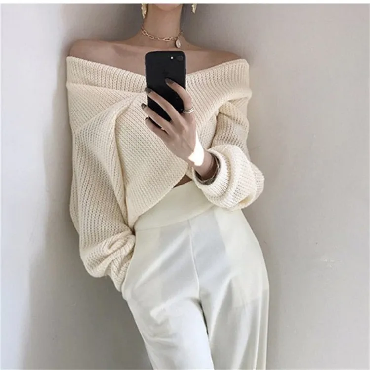 Winter Women Pullover V-neck Sexy Off Shoulder Sweater Knitted Jumpers