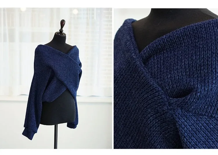 Winter Women Pullover V-neck Sexy Off Shoulder Sweater Knitted Jumpers