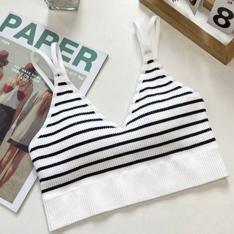 Wjczt Fashion Elegant Sexy V-neck Tie Chest Pad Korean Striped Outer Camisole Female Summer  New Backless Inner Short Tops Women's