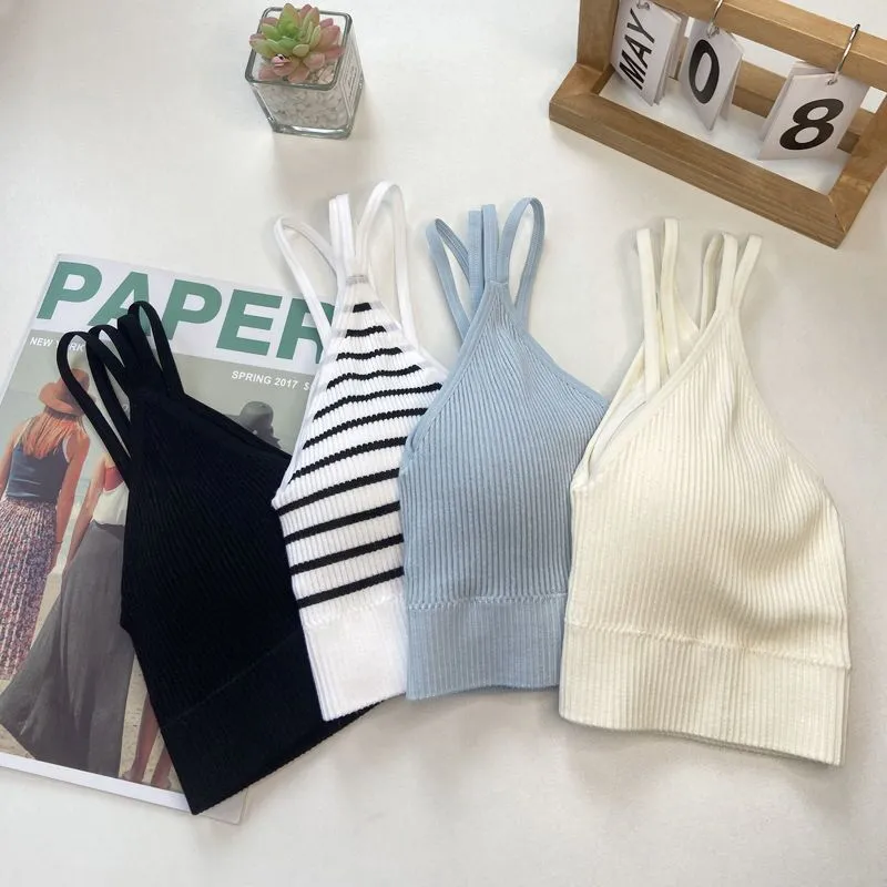 Wjczt Fashion Elegant Sexy V-neck Tie Chest Pad Korean Striped Outer Camisole Female Summer  New Backless Inner Short Tops Women's
