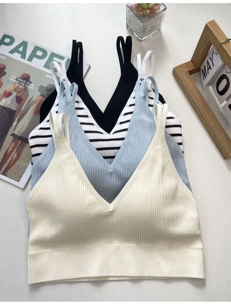 Wjczt Fashion Elegant Sexy V-neck Tie Chest Pad Korean Striped Outer Camisole Female Summer  New Backless Inner Short Tops Women's