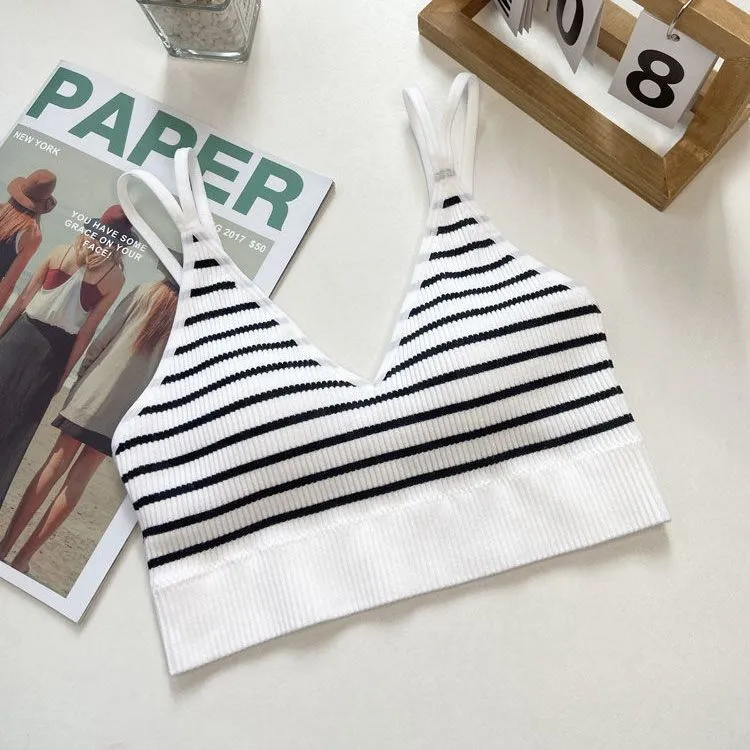 Wjczt Fashion Elegant Sexy V-neck Tie Chest Pad Korean Striped Outer Camisole Female Summer  New Backless Inner Short Tops Women's
