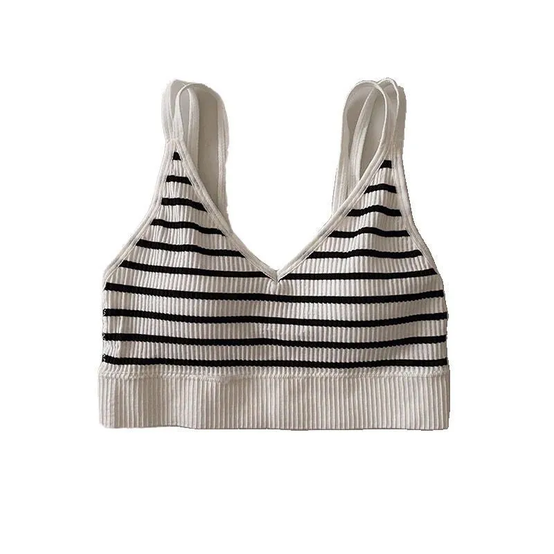 Wjczt Fashion Elegant Sexy V-neck Tie Chest Pad Korean Striped Outer Camisole Female Summer  New Backless Inner Short Tops Women's