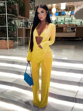 Woman 3Pcs Strapless Backless Trousers Suit Long Sleeve Lace Up Casual Draped Pants Suit