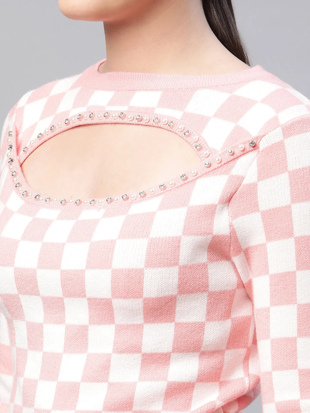 Women Asymmetric Neck Ribbed Hem Pink Jacquard Pullover