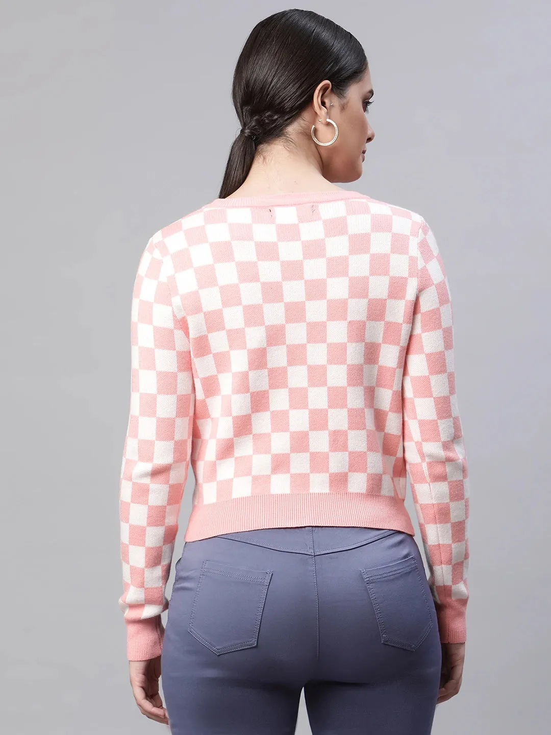 Women Asymmetric Neck Ribbed Hem Pink Jacquard Pullover