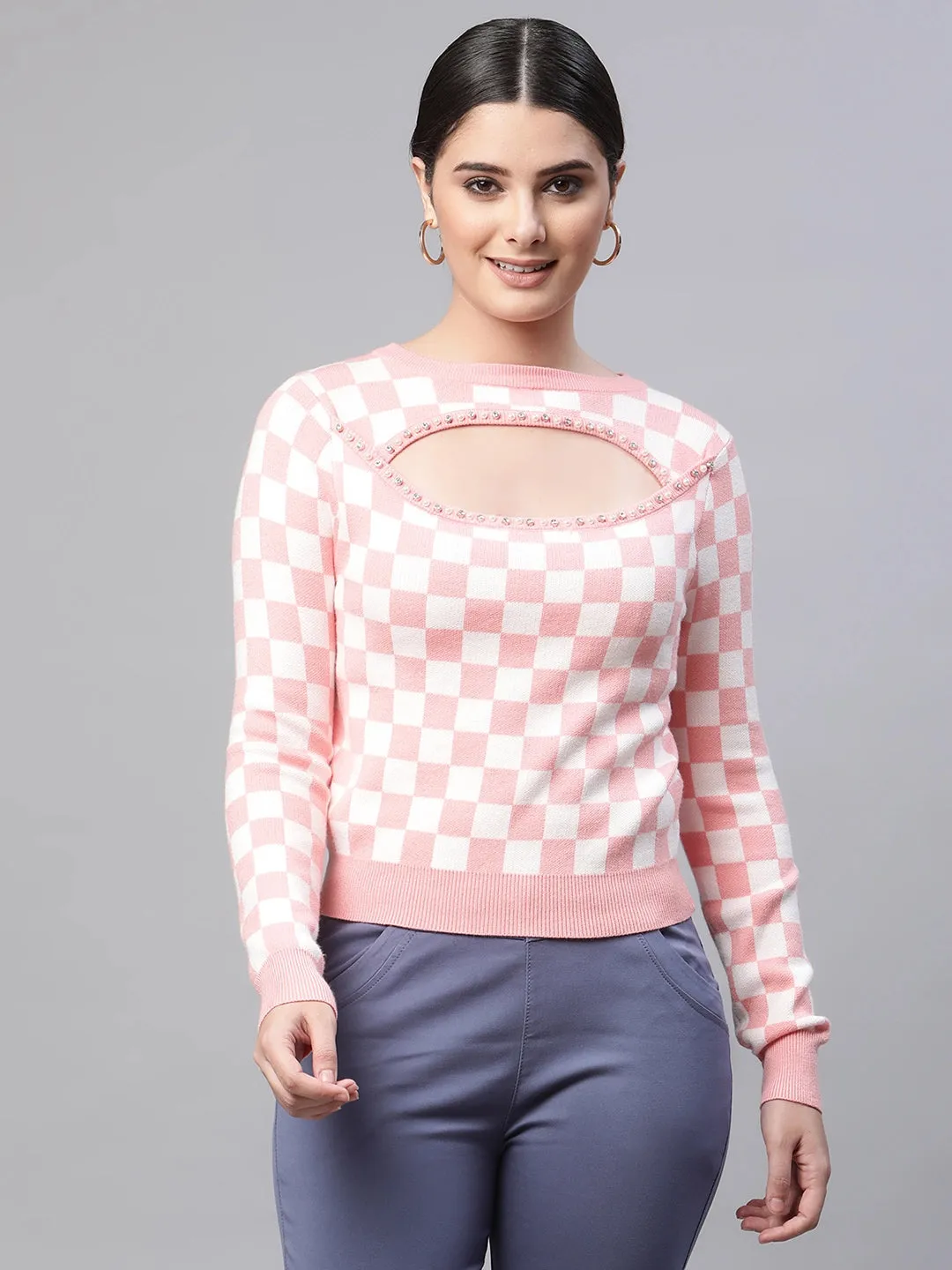 Women Asymmetric Neck Ribbed Hem Pink Jacquard Pullover