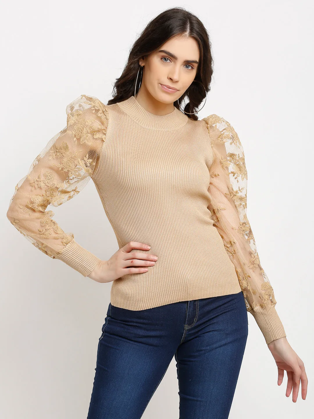 Women Beige Knitted Solid Round Neck Regular Fit Pullover