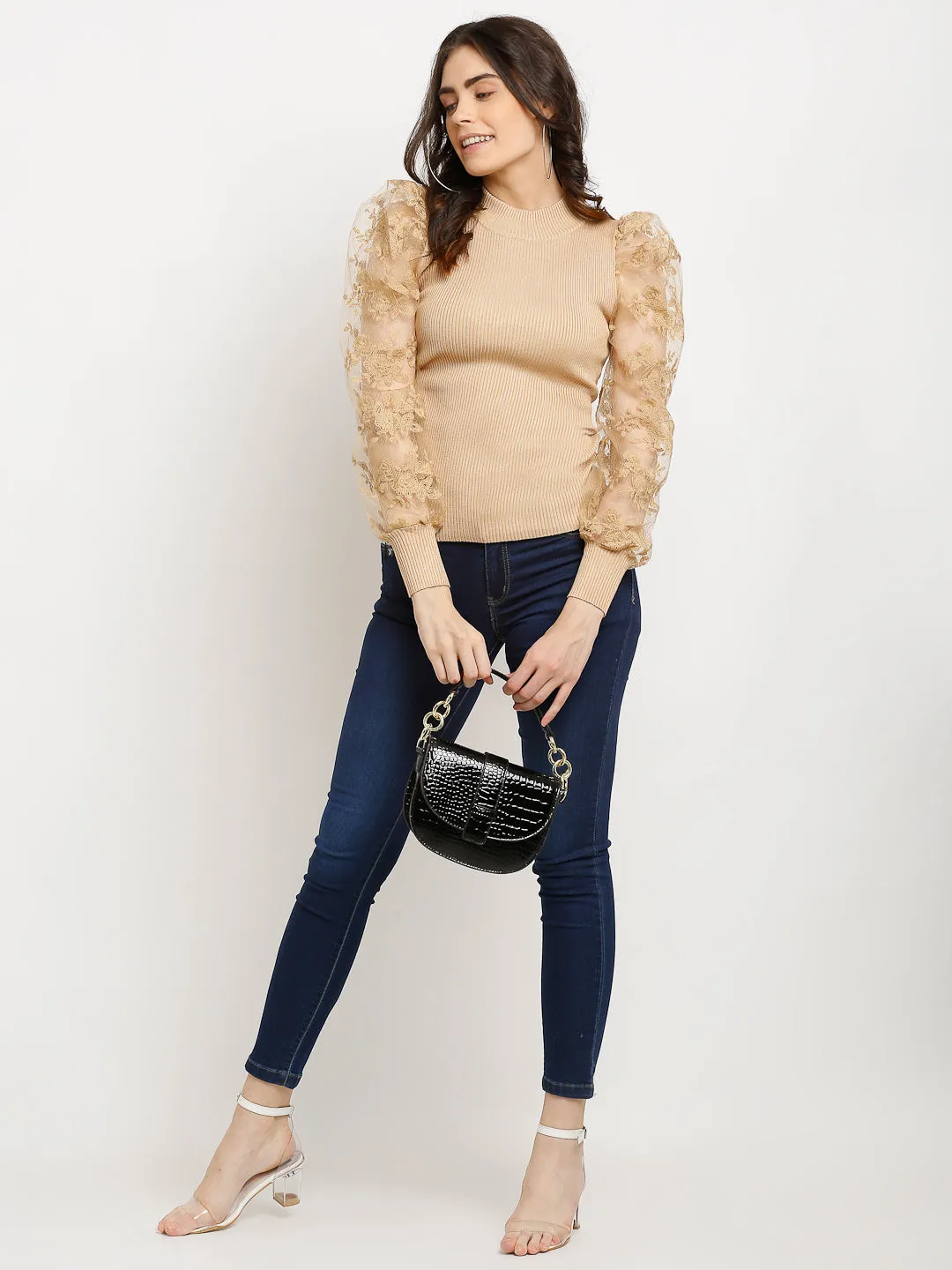 Women Beige Knitted Solid Round Neck Regular Fit Pullover