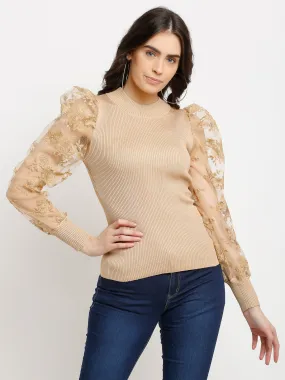 Women Beige Knitted Solid Round Neck Regular Fit Pullover