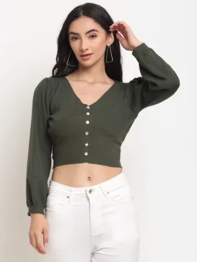 Women Green V-Neck Knit Regular Fit Cropped Pullover