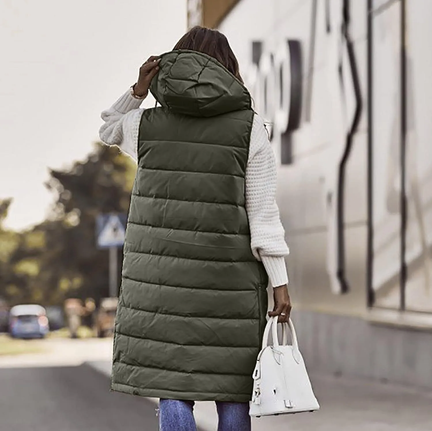 Women Long Puffer Vest Jacket Winter Coat Full Zipper Sleeveless Down Coats with Hooded Warm Thickened Windbreakers