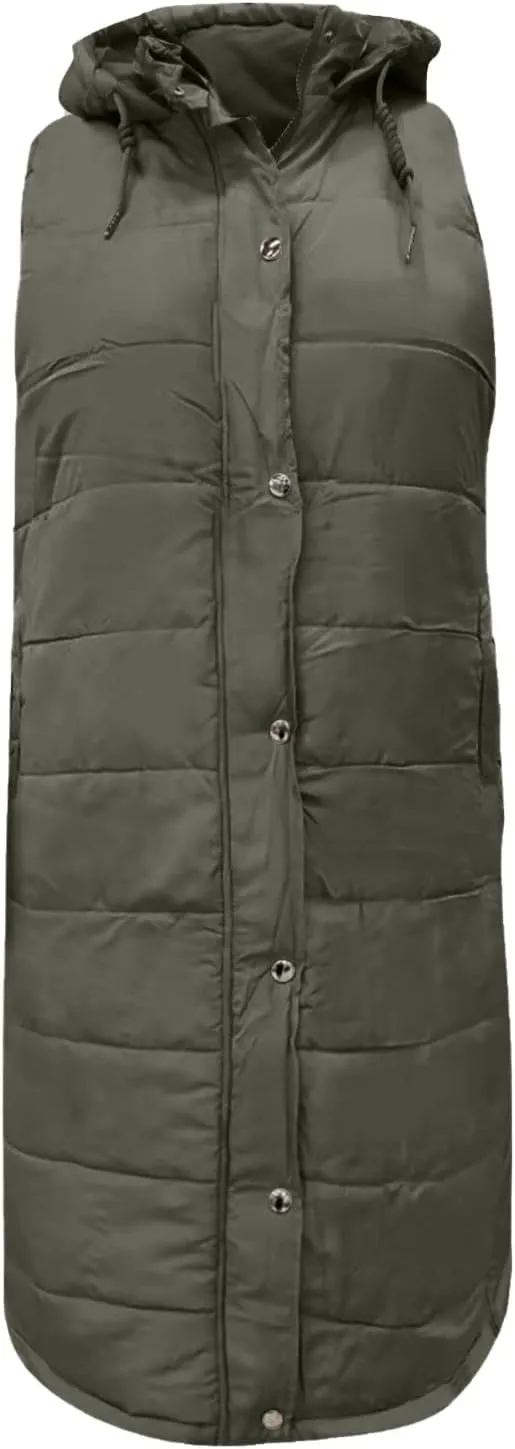 Women Long Puffer Vest Jacket Winter Coat Full Zipper Sleeveless Down Coats with Hooded Warm Thickened Windbreakers