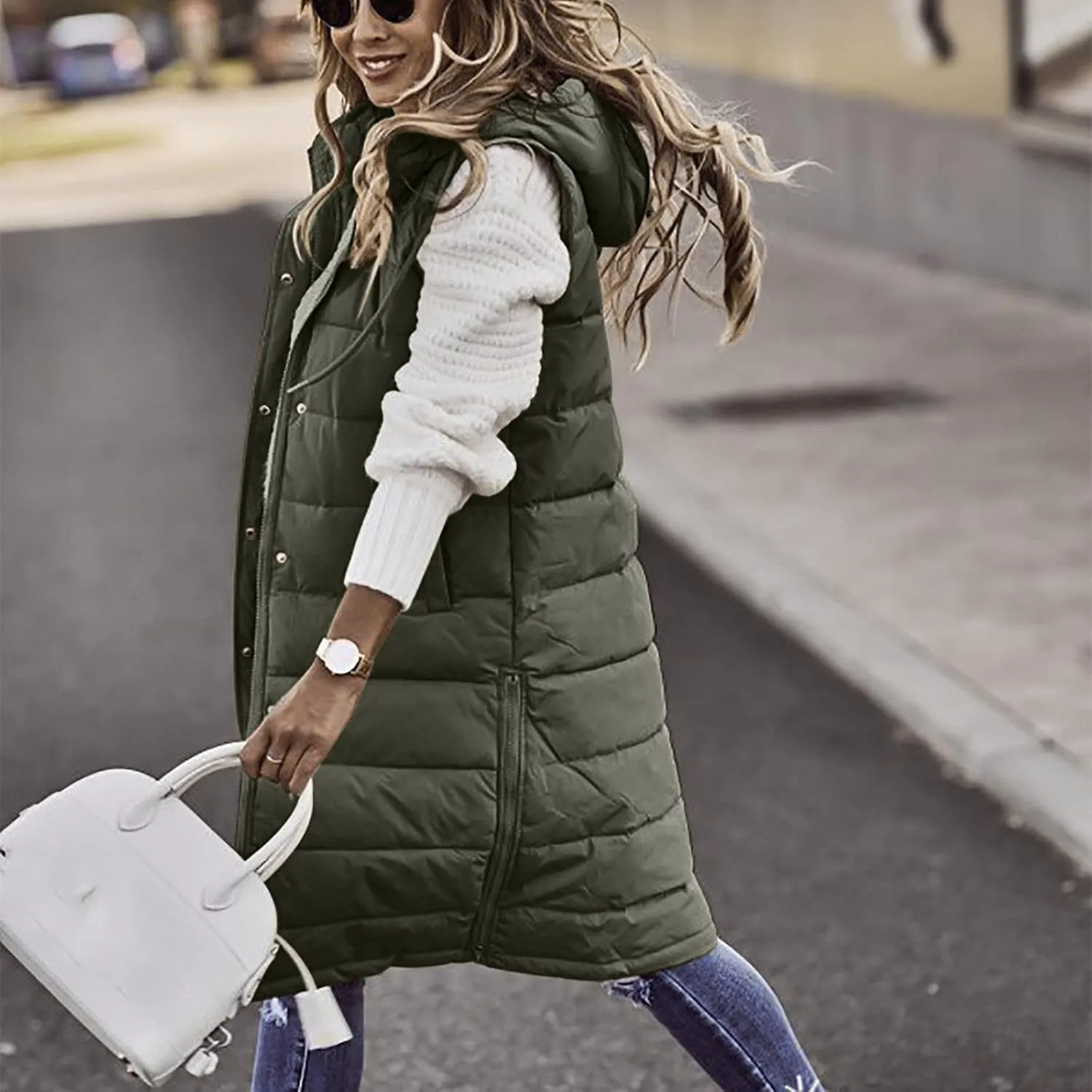 Women Long Puffer Vest Jacket Winter Coat Full Zipper Sleeveless Down Coats with Hooded Warm Thickened Windbreakers