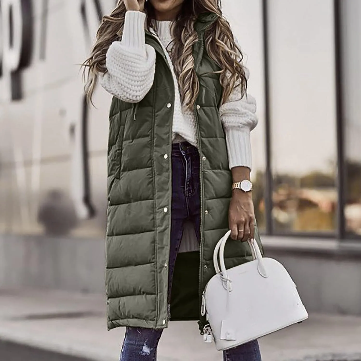 Women Long Puffer Vest Jacket Winter Coat Full Zipper Sleeveless Down Coats with Hooded Warm Thickened Windbreakers