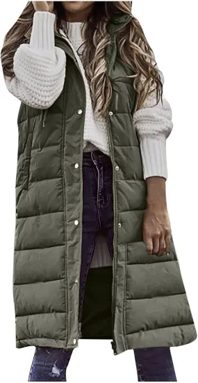 Women Long Puffer Vest Jacket Winter Coat Full Zipper Sleeveless Down Coats with Hooded Warm Thickened Windbreakers