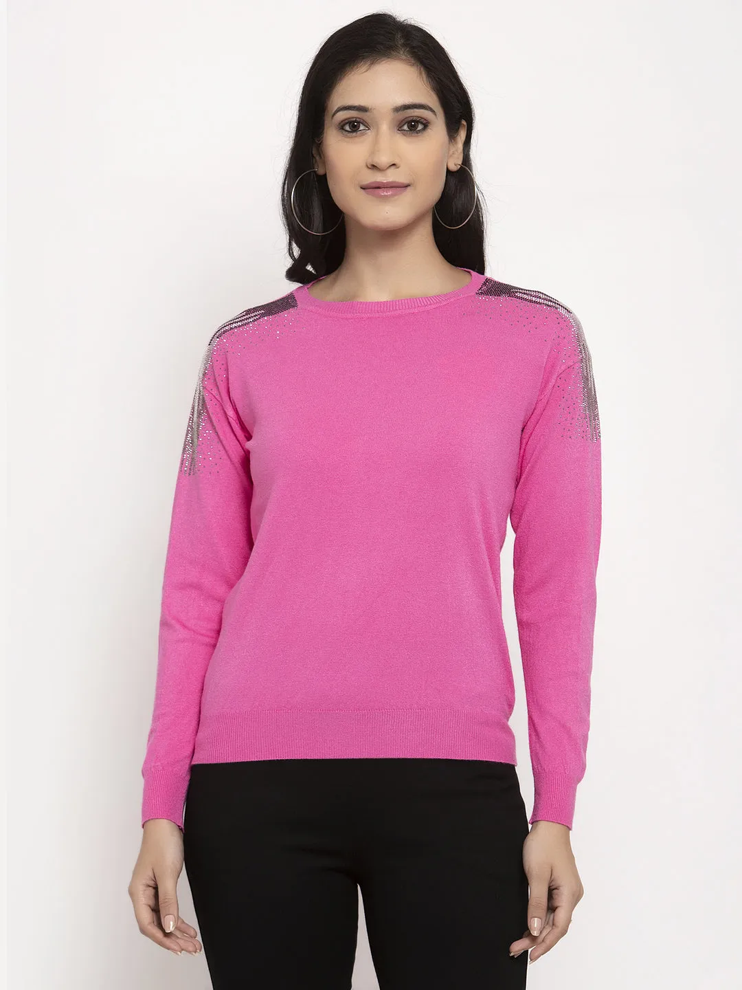 Women Magenta Round Neck Solid Pullover