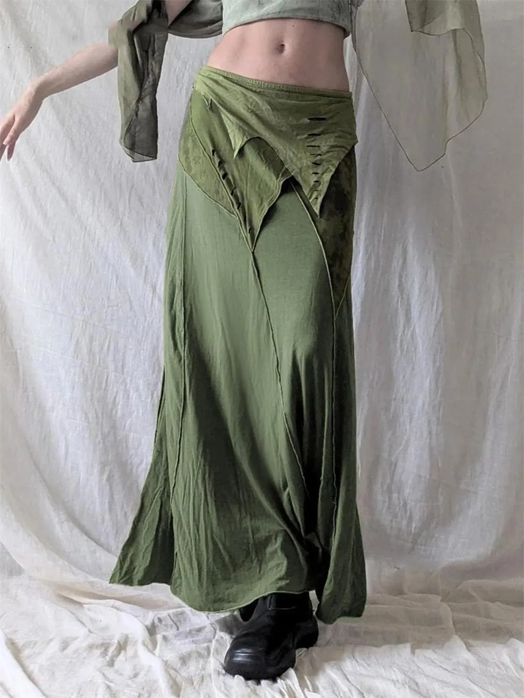 Women Patchwork Skirts Holiday Vintage Low-Waisted Maxi Skirts Beach Style