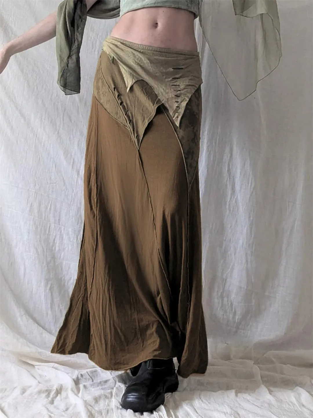 Women Patchwork Skirts Holiday Vintage Low-Waisted Maxi Skirts Beach Style