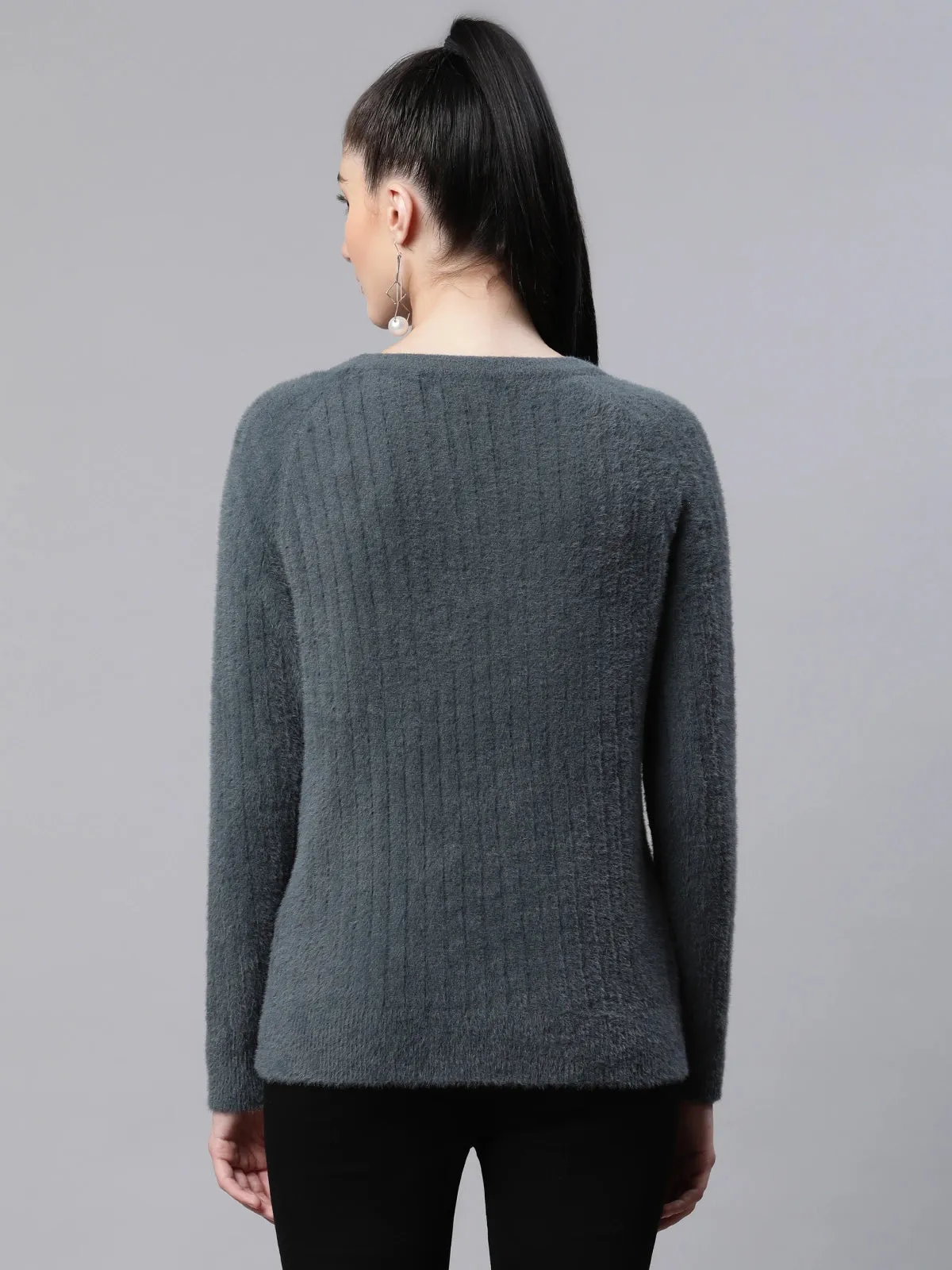 Women Pile knit Grey Woolen Regular Fit Casual Pullover