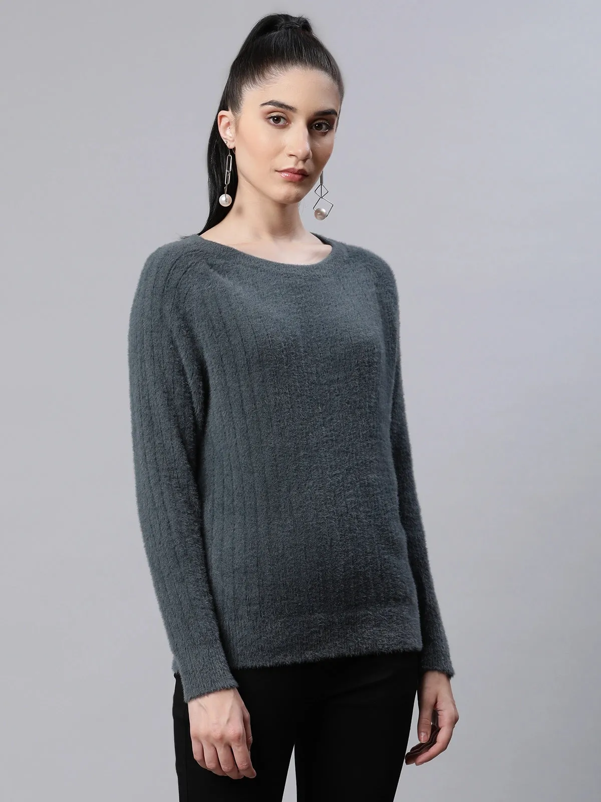 Women Pile knit Grey Woolen Regular Fit Casual Pullover