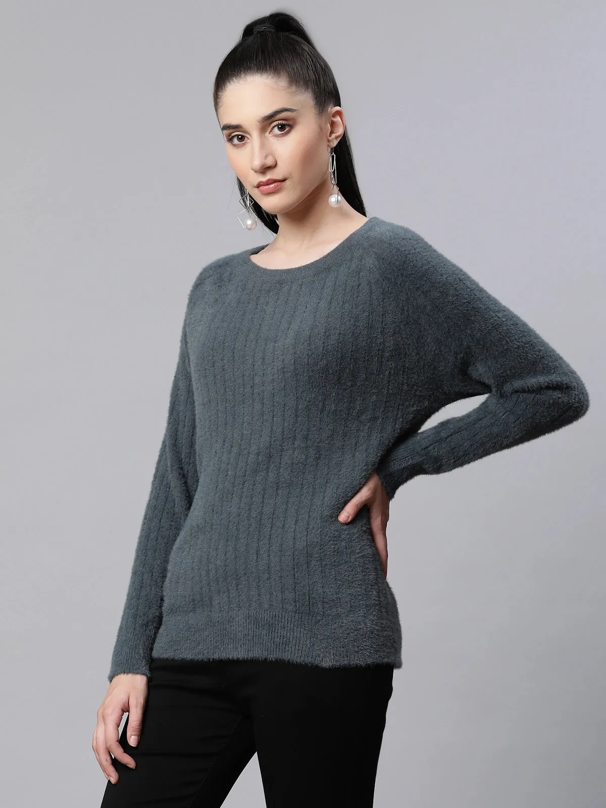 Women Pile knit Grey Woolen Regular Fit Casual Pullover
