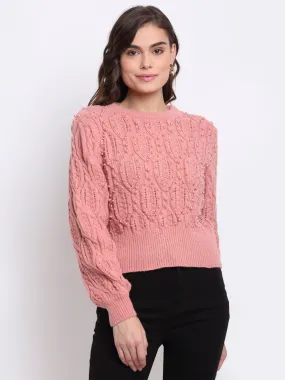 Women Pink Round Neck Solid Loose Fit Pullover