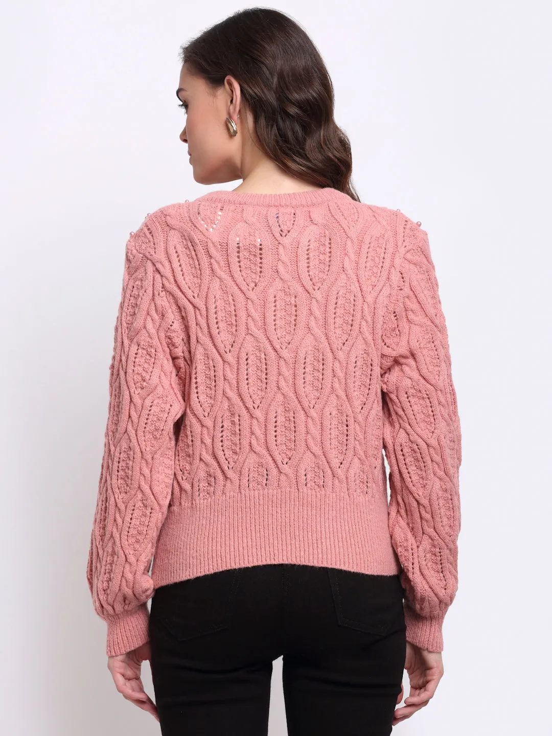 Women Pink Round Neck Solid Loose Fit Pullover