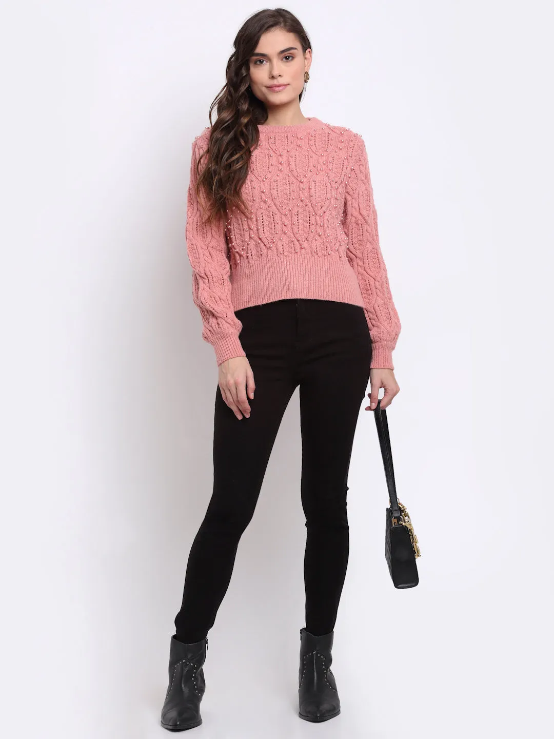 Women Pink Round Neck Solid Loose Fit Pullover