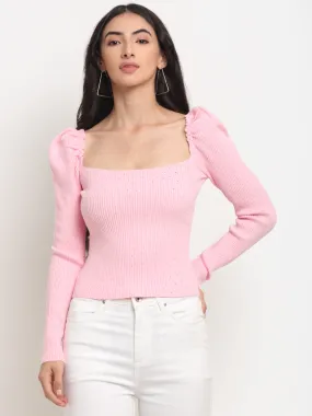 Women Pink Square Neck Knitted Solid Waist Length Pullover