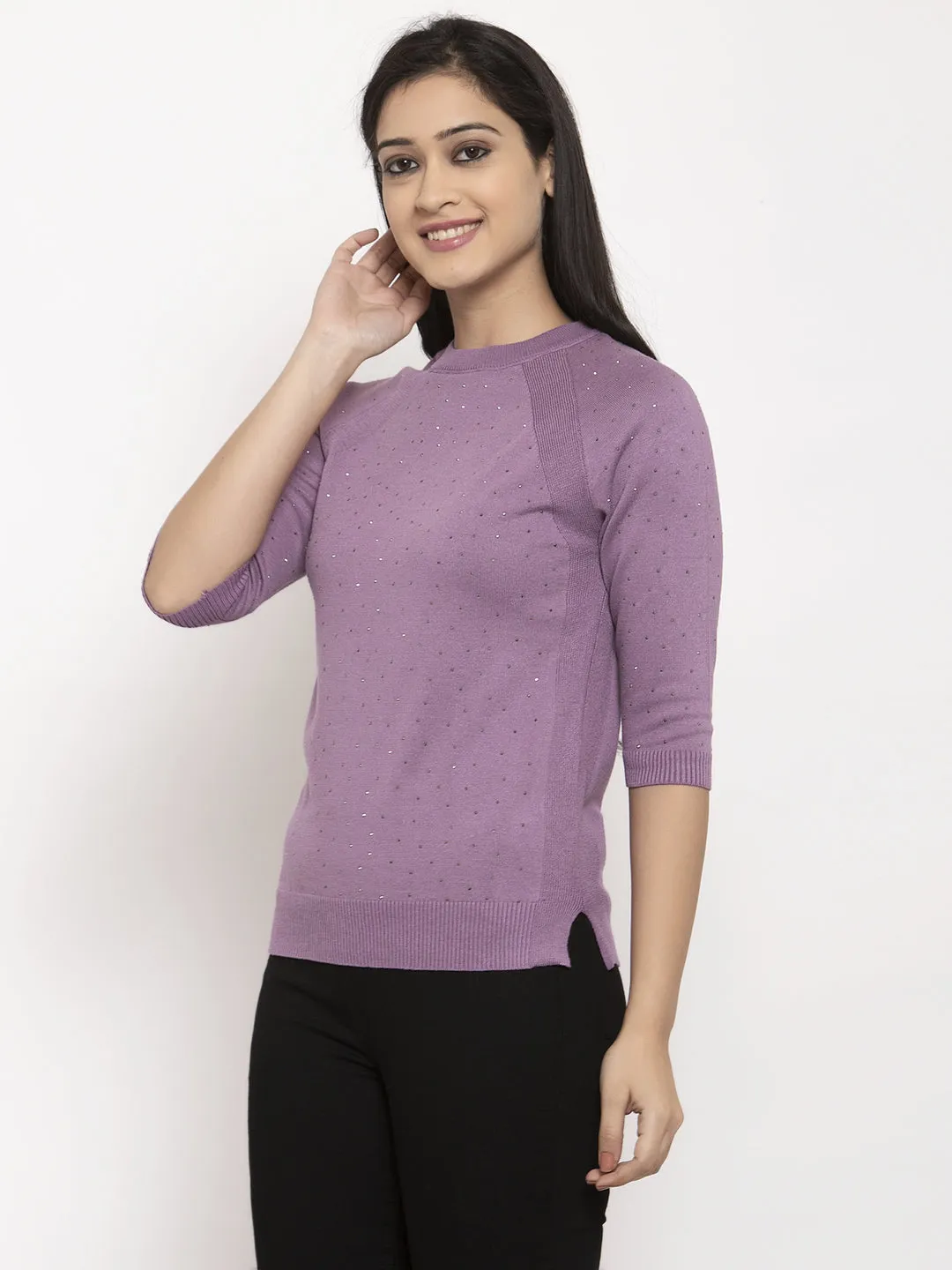 Women Purple Solid Round Neck Regular Print Pullover