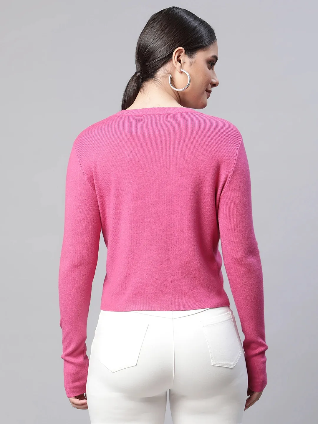 Women Round Neck Cropped Slim Fit Knitted Pullover