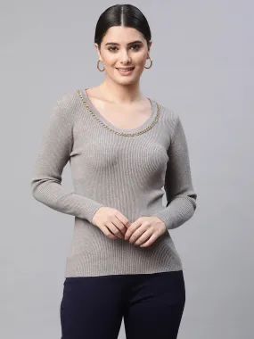 Women Round Neck Full Sleeves Grey Regular Fit Knitted Pullover