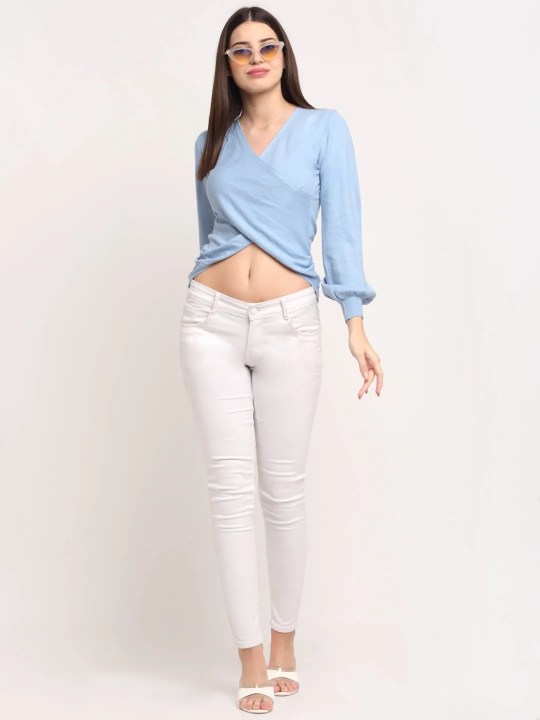 Women Sky Blue KNIT V- Neck Cropped Pullover