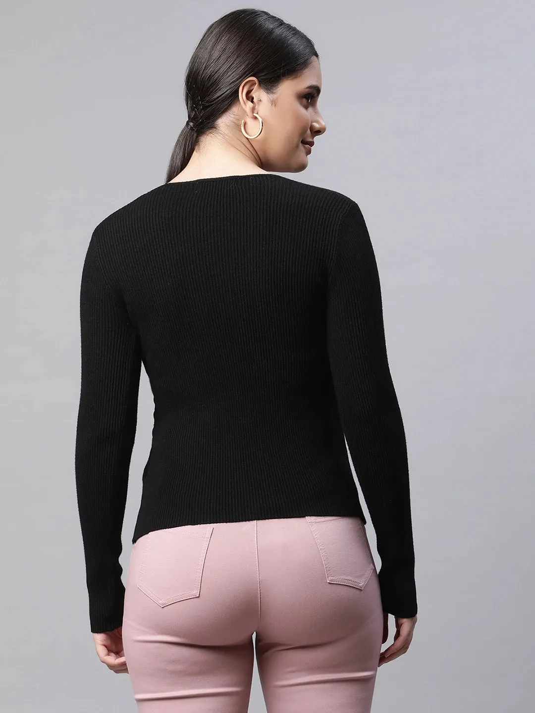 Women V-Neck Ribbed Full Sleeves Black Slim Fit Knitted Pullover