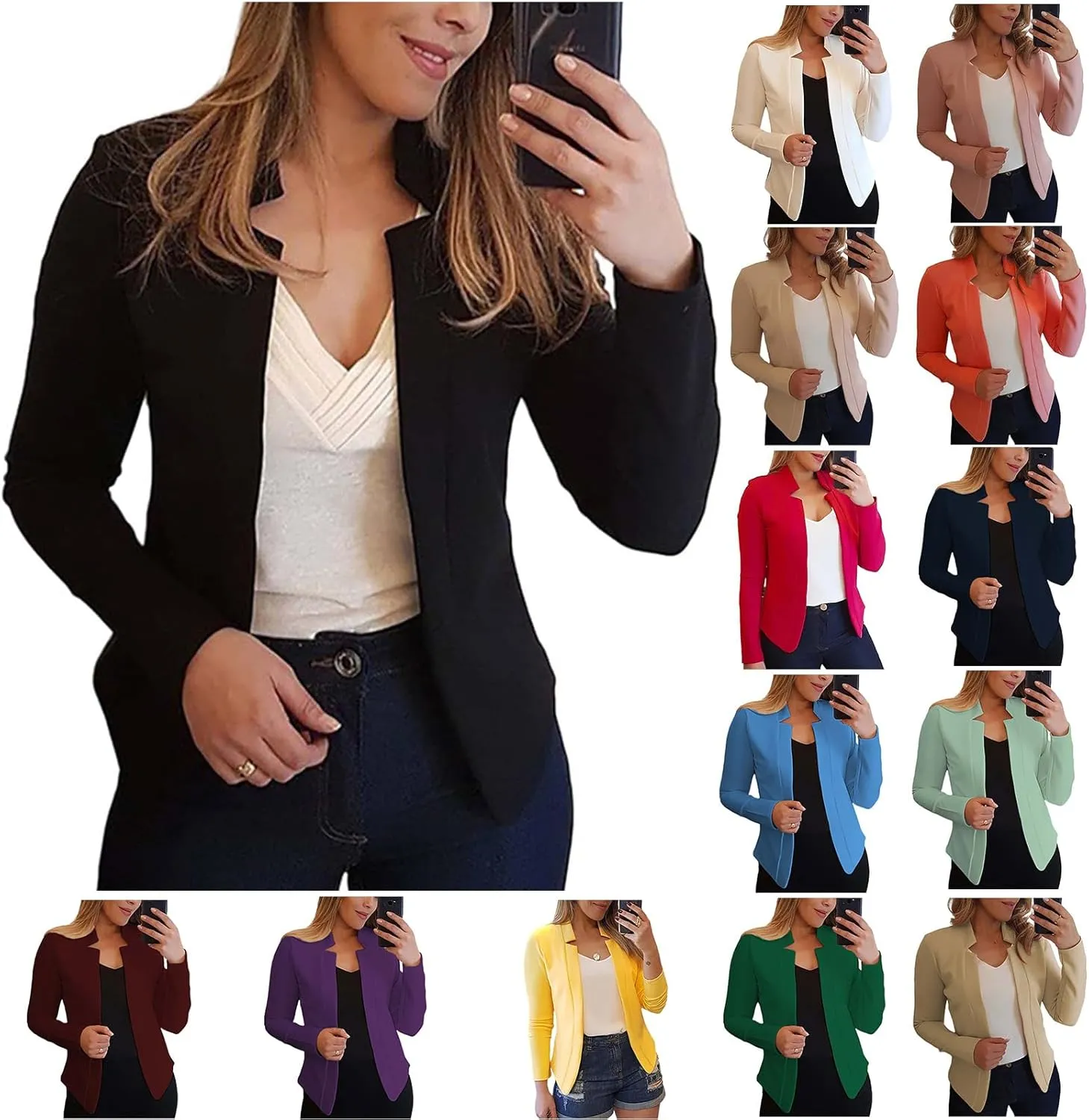 Womens Cropped Jackets Lightweight Long Sleeve Blazers Casual Open Front Cardigan Jackets Slim Work Office Blazers