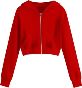 Women's Cropped Jackets Plus Size Fashion Solid Color Zipper Long Sleeves Hoodies Sweatshirt Outwear with Pockets