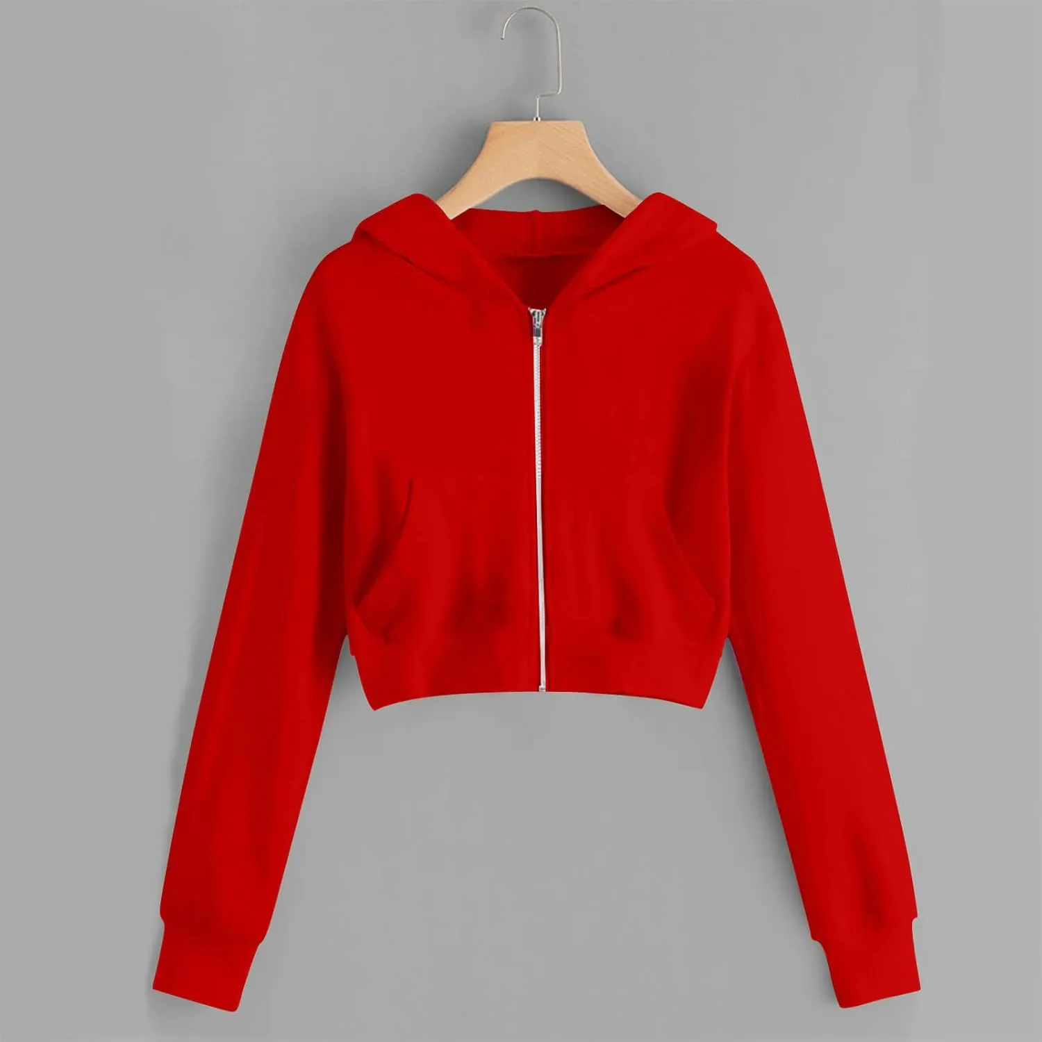 Women's Cropped Jackets Plus Size Fashion Solid Color Zipper Long Sleeves Hoodies Sweatshirt Outwear with Pockets
