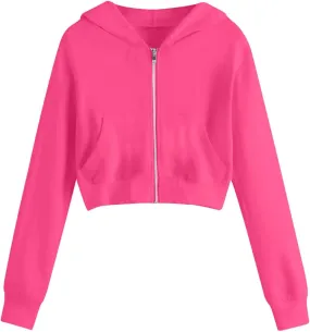 Women's Cropped Jackets Plus Size Fashion Solid Color Zipper Long Sleeves Hoodies Sweatshirt Outwear with Pockets