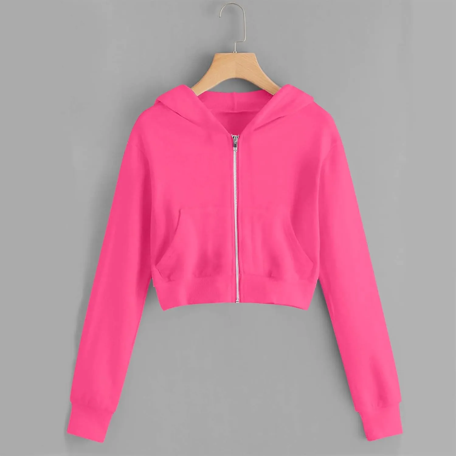 Women's Cropped Jackets Plus Size Fashion Solid Color Zipper Long Sleeves Hoodies Sweatshirt Outwear with Pockets