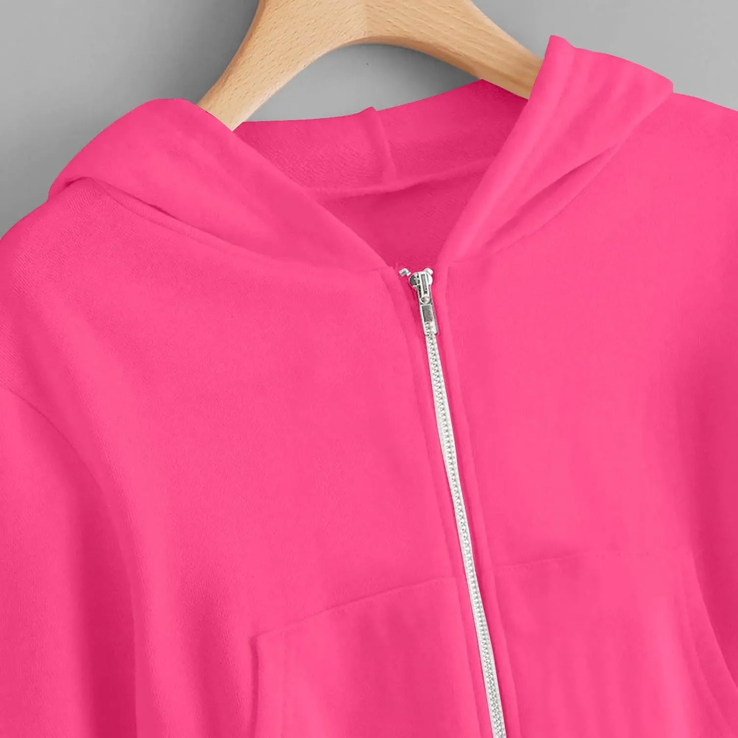 Women's Cropped Jackets Plus Size Fashion Solid Color Zipper Long Sleeves Hoodies Sweatshirt Outwear with Pockets